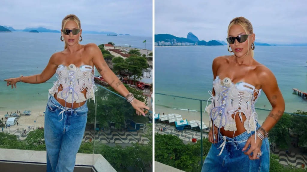 Virginia aposta em corset feito com chuteiras para acompanhar jogo da NFL no Rio